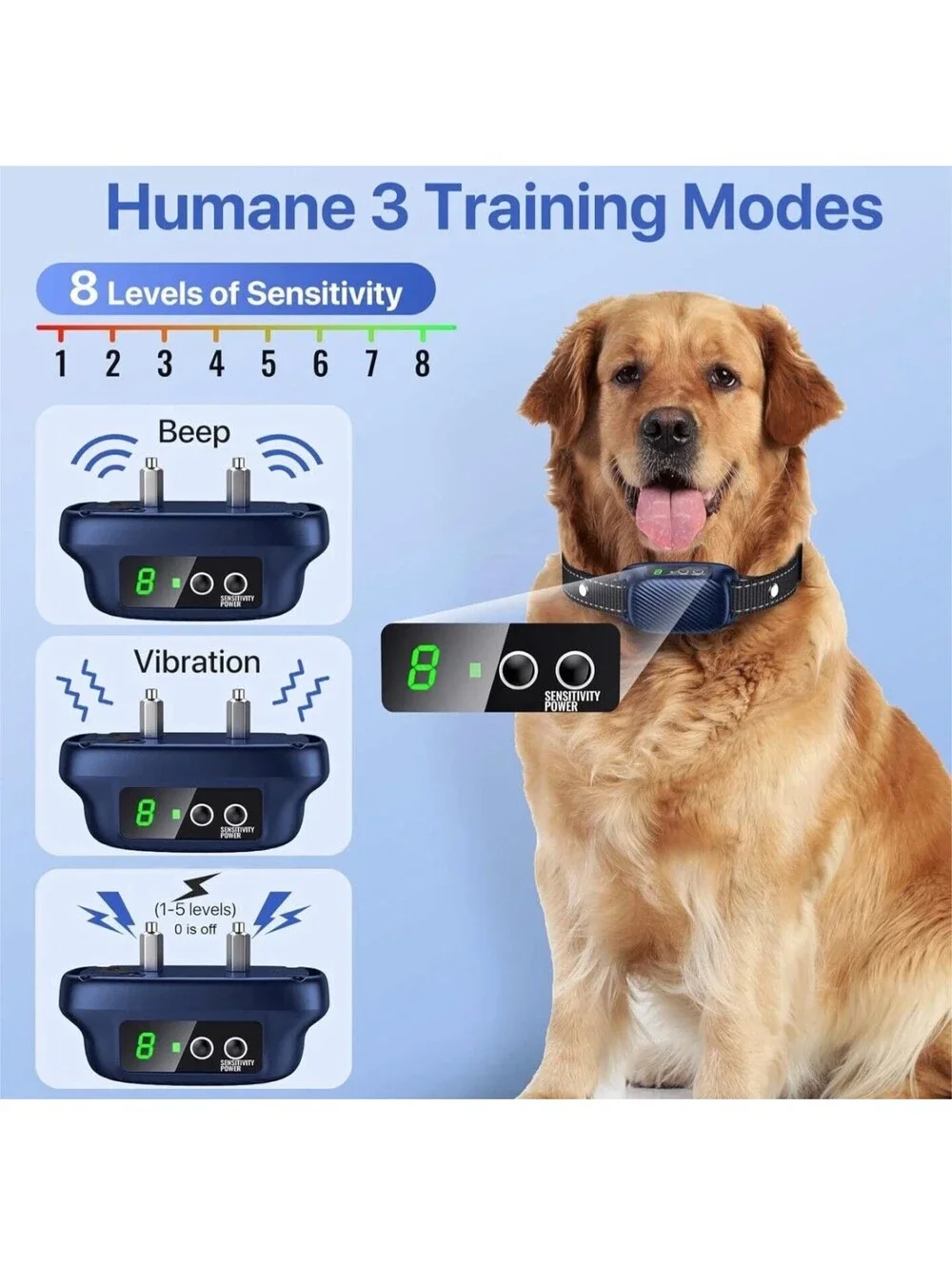 Dog Bark Collar with 8 Sensitivity Levels and 3 Modes